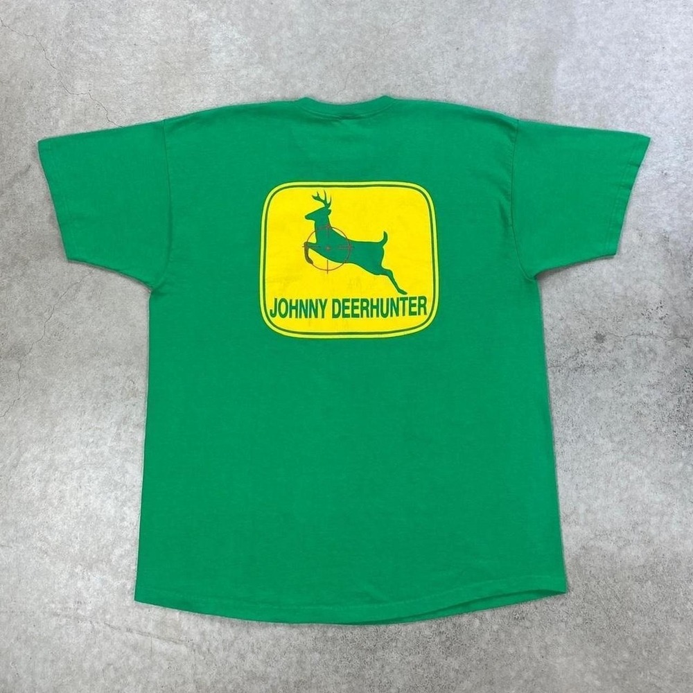 Vintage 90s Johnny Deer Shirt Size XXL Green John Deere Parody Funny Hunter